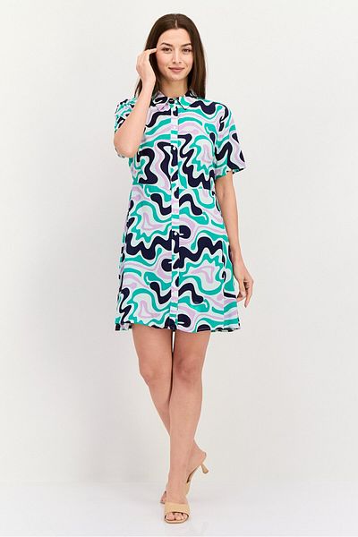 PIECES Women All Over Print Mini Shirt Dress, Green