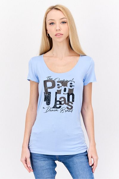 Pepe Jeans تي شيرت نسائي بأكمام قصيرة ورقبة دائرية وشعار العلامة التجارية، أزرق فاتح