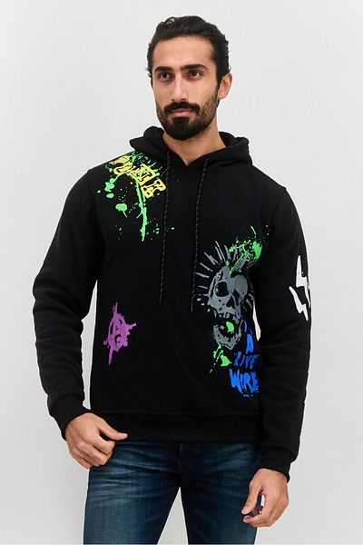 Modern Culture Men Hooded Textured Long Sleeves Sweatshirt, Black Combo