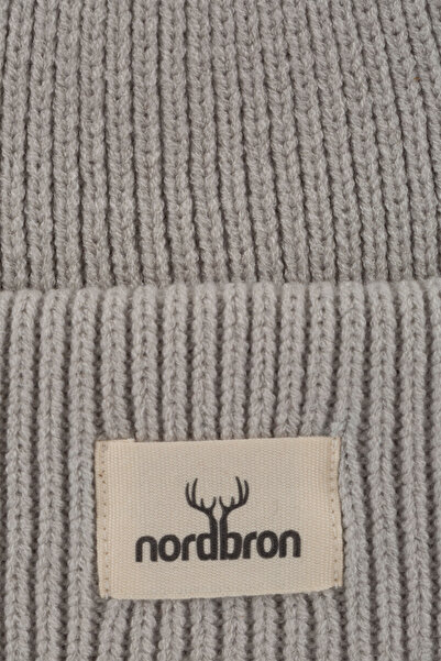 Nordbron Kadın Açık Gri Triko Düz Yumuşak Bere Logolu Esnek Kışlık Çift Katlamalı Basic Jenson