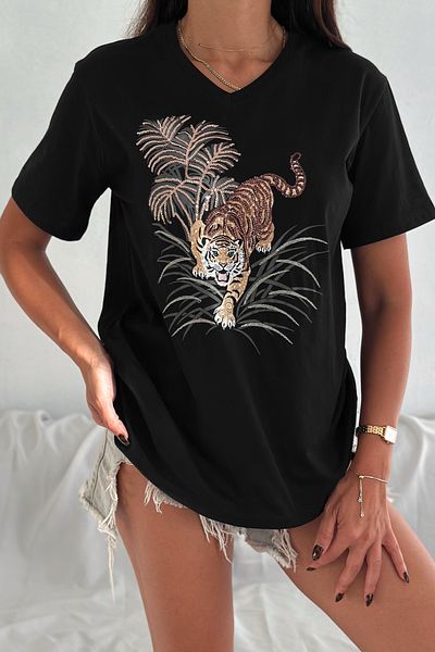 FEMELLE Women's Black V-Neck Plus Size Leopard Print Sequin Sequin Embroidered 100% Cotton Plus Size T-Shirt