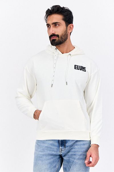 Elvis Men Hooded Brand Logo Long Sleeves Sweatshirt, Off White