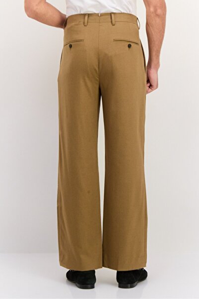 Gant Men Regular FIt Plain Wide Leg Flannel Suit Pants, Warm Khaki