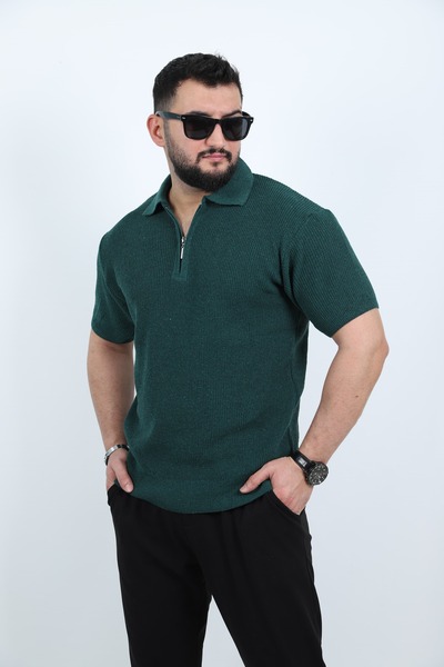 EFAL BUTİK Ανδρικό πλεκτό μπλουζάκι με κοντό μανίκι με φερμουάρ με πράσινο σμαραγδί