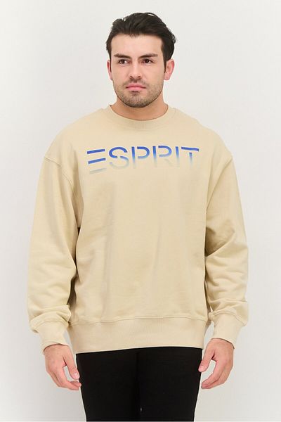 Esprit سويت شيرت رجالي بشعار العلامة التجارية بأكمام طويلة وياقة دائرية، لون بيج