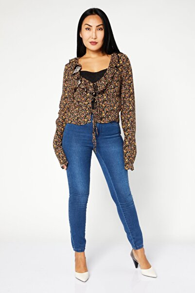 NA-KD Women Tie Neck Long Sleeve Floral Print Top, Black Combo