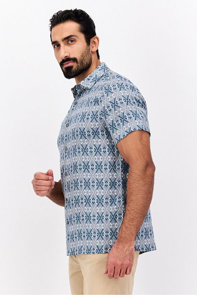 Perry Ellis Men Regular Fit Allover Print Short Sleeves Casual Shirt, Slate Blue