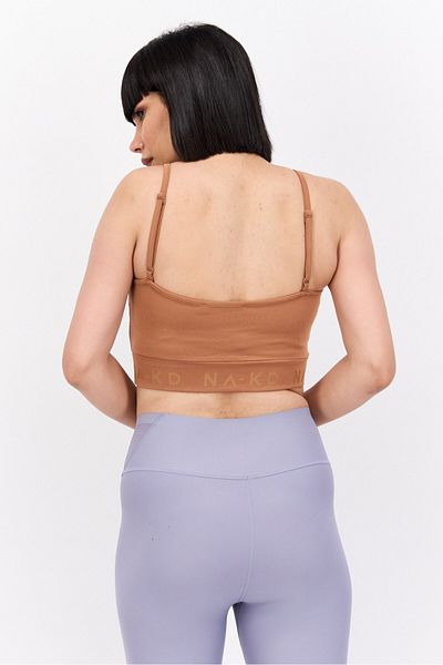NA-KD Women Scoop Neck Sleeveless Brand Logo Crop Top, Brown