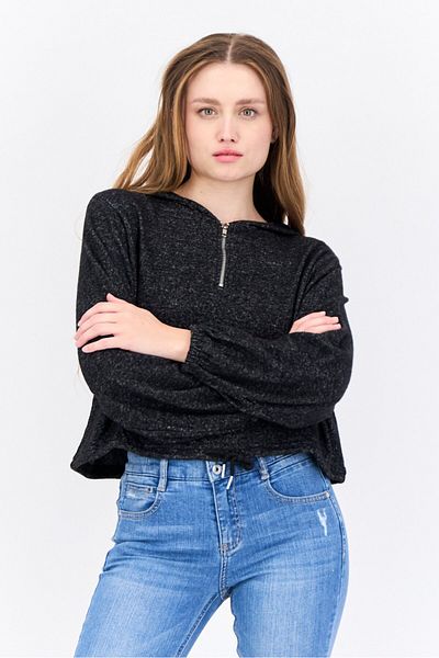 Brave Soul Women Hooded Long Sleeves Heather Sweatshirt, Charcoal
