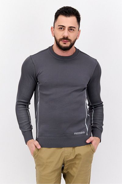 freesoul Men Crew Neck Long Sleeve Brand Logo Sweatshirt, Grey