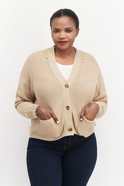 Esprit كارديجان نسائي محبوك بأكمام طويلة ورقبة على شكل حرف V، لون بيج