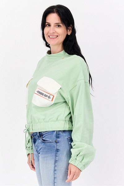 Tribe of 6 Women Mock Neck Brand Logo Long Sleeve Sweatshirt, Green