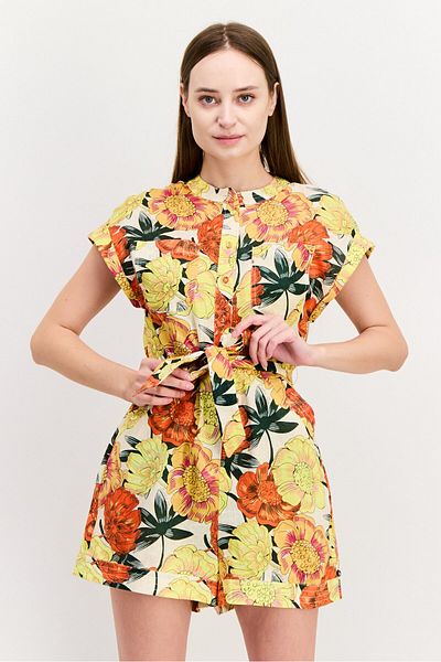 Scotch & Soda Women Floral Print Short Sleeve Jumpsuit, Yellow Combo