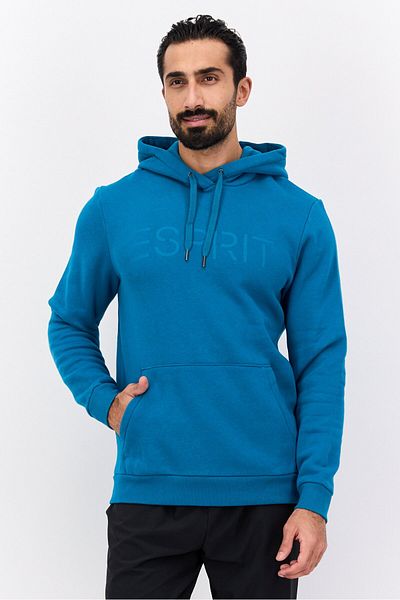 Esprit Men Hooded Long Sleeve Brand Logo Sweatshirt, Teal Blue
