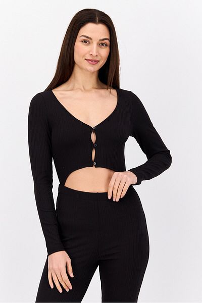Monki Women Ribbed Long Sleeve Jumpsuit, Black