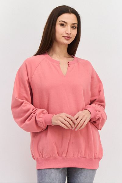 NIA Women Oversized V-neck Long Sleeve Solid Sweatshirt, Pink