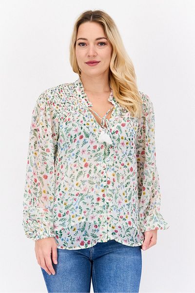 Pepe Jeans Women Tie Neck Long Sleeve Floral Print Blouses, Green Combo