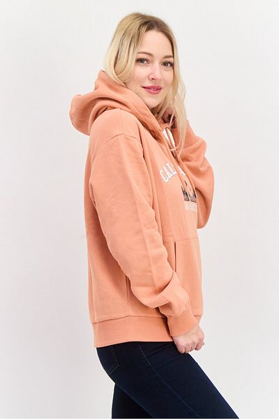 Mode by Redtape Women Graphic Print Long Sleeves Hooded Sweatshirt, Light Orange