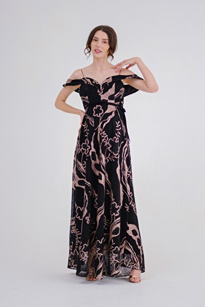 Desen Hamile Giyim Siyah Pul İşlemeli Abiye Hamile Elbise