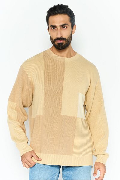 Esprit Men Crew Neck Color Block Long Sleeves Sweatshirt, Beige Combo