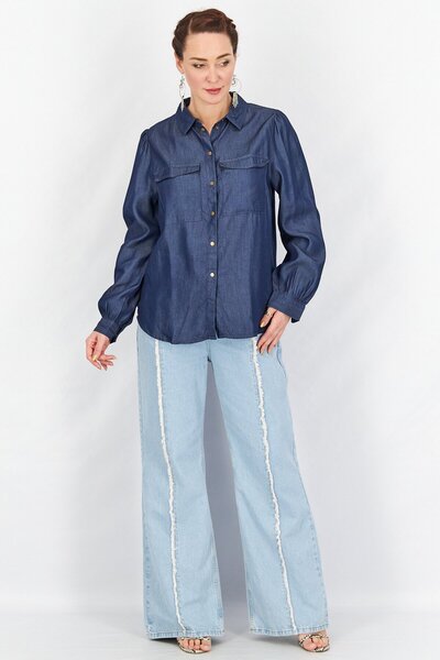 Tchibo Women Spread Neck Long Sleeves Plain Shirts, Navy