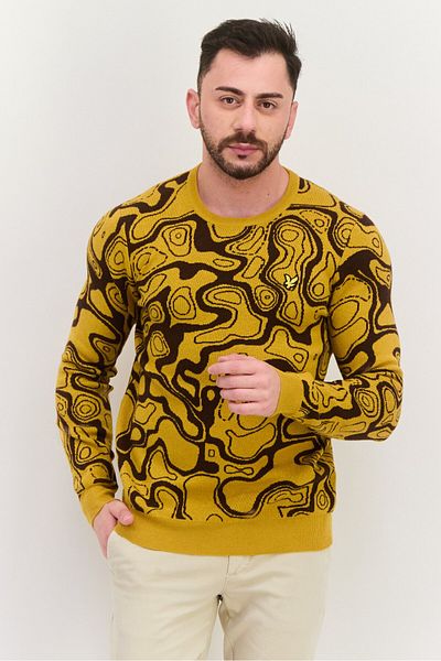 Lyle & Scott Men Crew Neck Abstract Knitted Sweater, Yellow