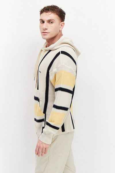 Perry Ellis Men Hooded Long Sleeve Stripe Sweatshirt, Beige Combo