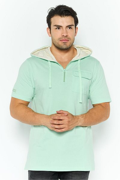 Akademiks Men Hooded Short Sleeve Brand Logo Hoodie, Mint Green