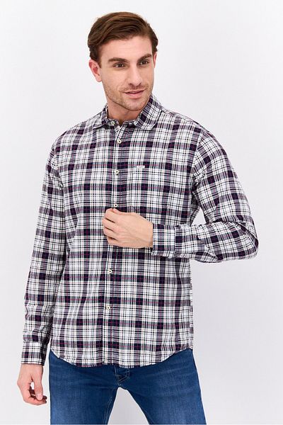 Pepe Jeans قميص رجالي كاجوال منقوش بأكمام طويلة وقصة عادية، أبيض