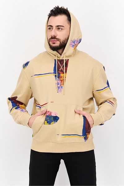 Esprit هودي رجالي بأكمام طويلة وطبعة جرافيكية، لون بيج