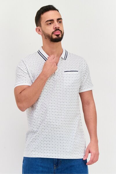 Brave Soul Men Regular Fit Allover Print Short Sleeve Polo Shirt, White