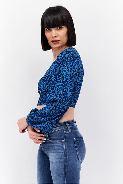 Tommy Jeans Women Round Neck Long Sleeve Animal Print Top, Blue
