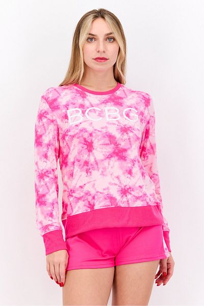Bcbgeneration Women 2 Piece Graphic Printed Top And Short Sleepwear Set, Pink Combo