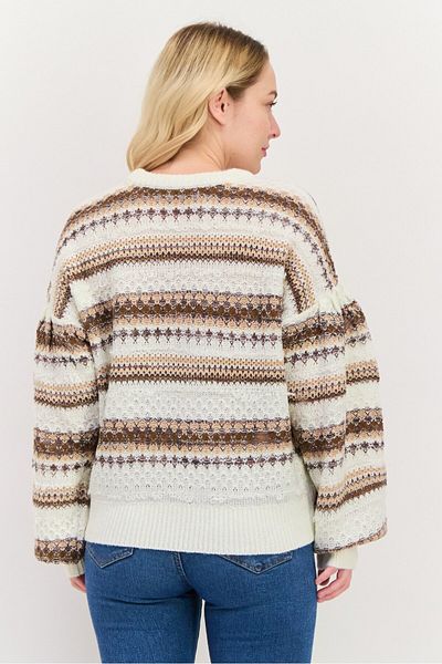 Dex Women Round Neck Long Sleeves Knitted Stripe Sweater, White