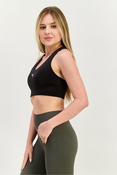 Puma حمالة صدر رياضية مبطنة بشعار العلامة التجارية للنساء، باللون الأسود