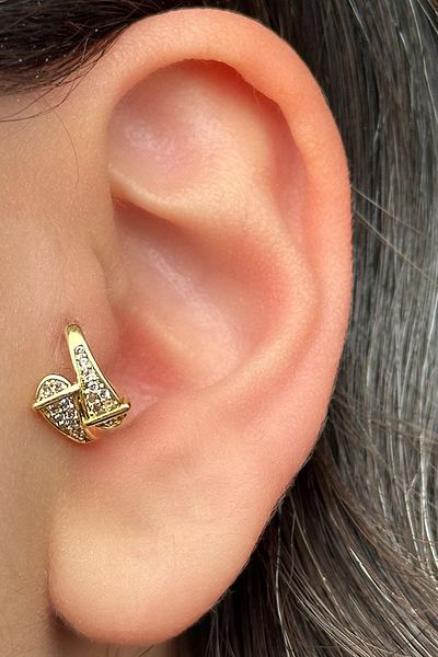 TAKIŞTIR Gold Colored Stone Detailed Surgical Steel Hoop - Tragus/ Cartilage Earring/ Piercing (Single)