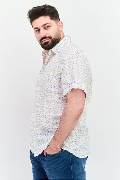 Perry Ellis Men Regular Fit Allover Print Short Sleeves Casual Shirt, White Combo
