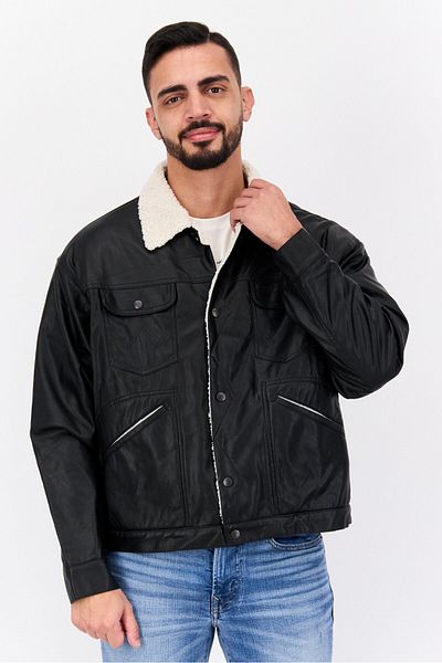 WRANGLER Men Sherpa Leather Motorcycle Jacket, Black