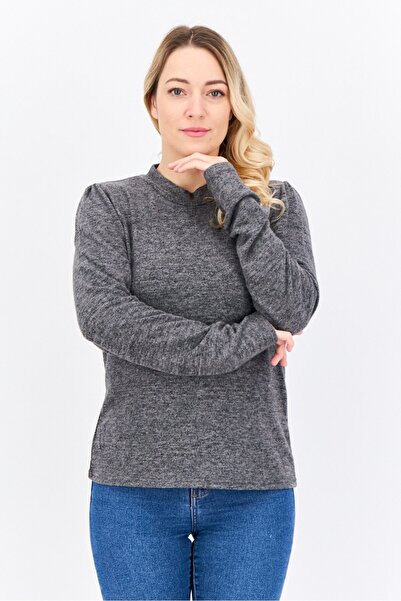 Brave Soul Women Mock Neck Long Sleeve Solid Top, Grey