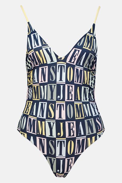 Tommy Jeans Women Allover Print Non Padded One Piece Swimwear, Navy Combo