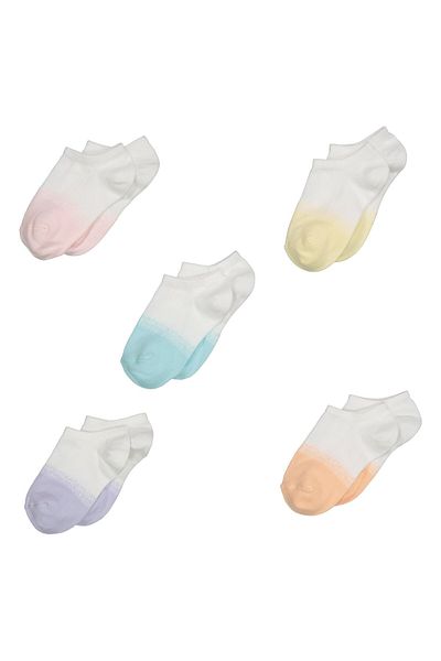XOXO Kids Girl 5 Pairs Two Tone Print Ankle Socks, White Combo