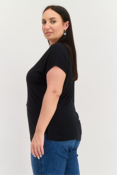 Esprit Women Round Neck Cap Sleeves Textured Top, Black