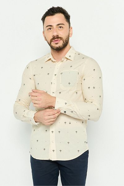 Scotch & Soda Men Regular Fit Allover Print Long Sleeves Casual Shirt, Beige
