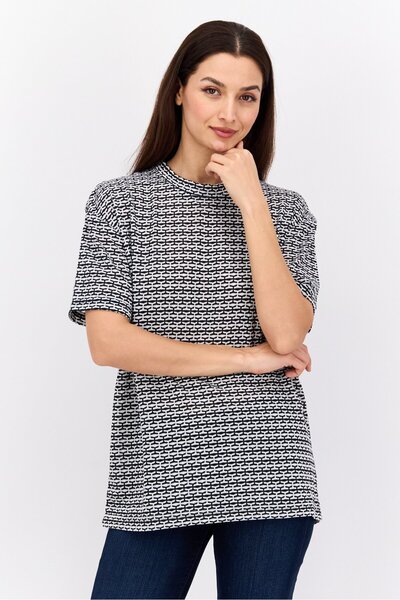 Ike Behar Women Crew Neck Short Sleeves Jacquard T-Shirt, White