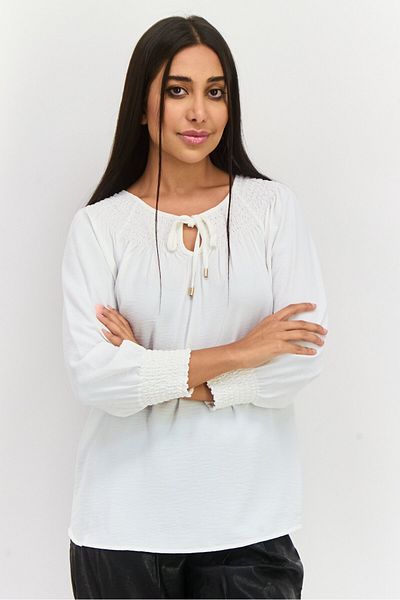 Calvin Klein Women Tie Neck Long Sleeves Textured Blouse, Off-white