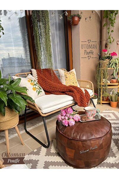 Ottoman Pouffe El Yapımı Hakiki Deri Bohem Ottoman Puf Yer Ayak Uzatma Minderi 60x38cm