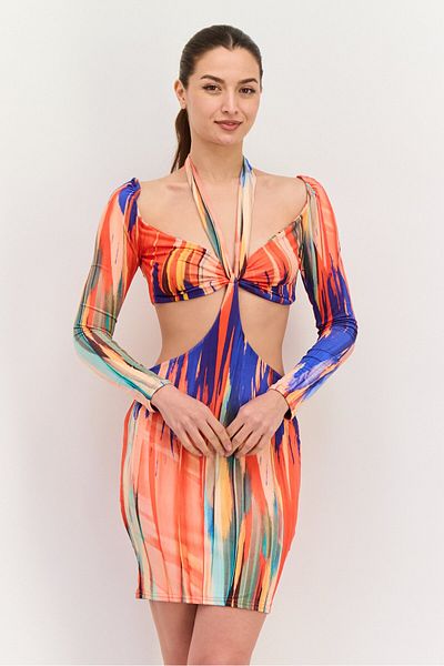 Public Desire Women Abstract Print Mini Dress, Orange Combo