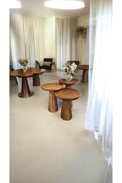 Simillo Home&Living Wooden 3’lü Set Fitilli Mantar Yan Sehpa Modern Açık Cevi...