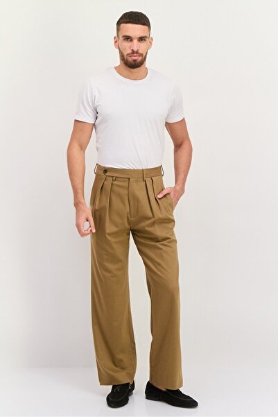 Gant Men Regular FIt Plain Wide Leg Flannel Suit Pants, Warm Khaki