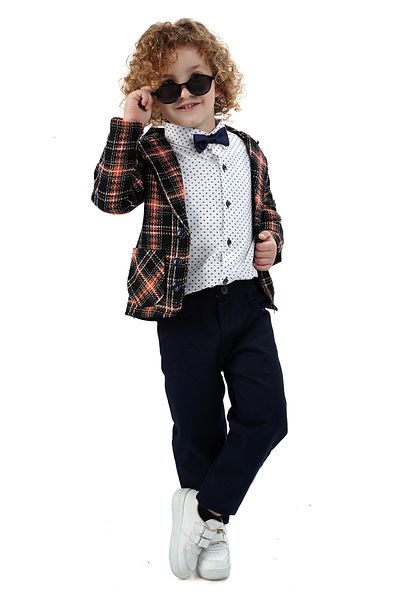 Monttini Boy's 4-Piece Suit Plaid Jacket, White Shirt, Bow Tie and Pants